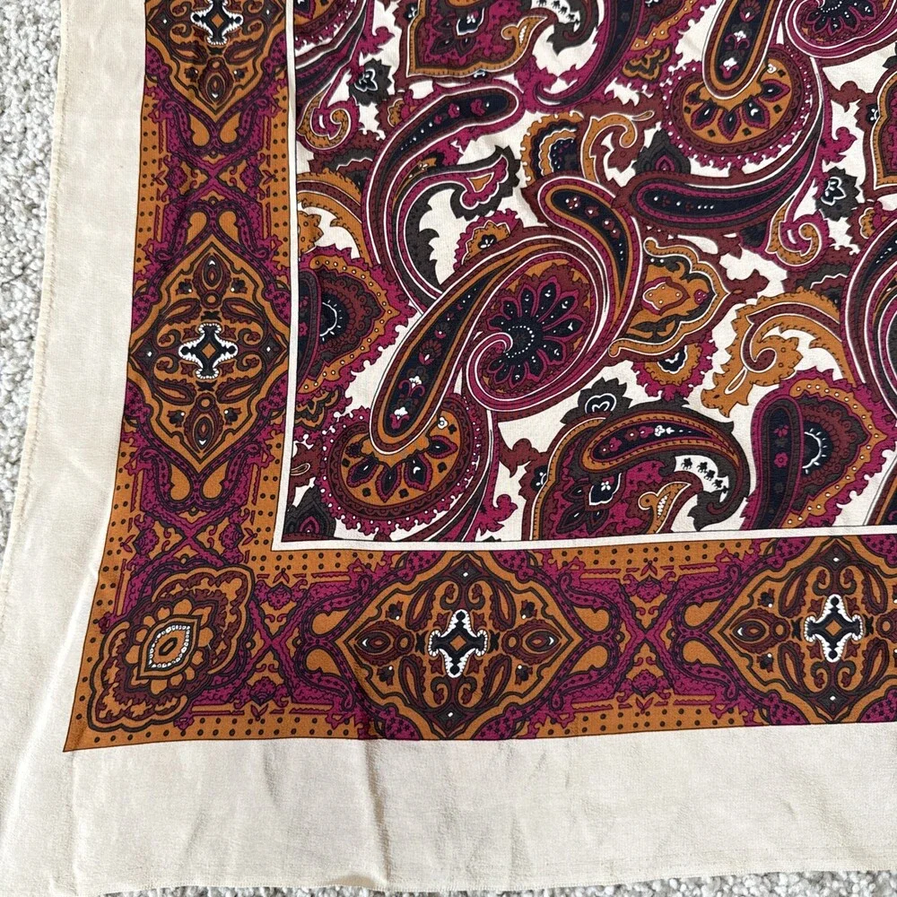 Vintage Silk Paisley Scarf 32x34 Burgundy Rust Mustard Gold Ornate Border 70s
